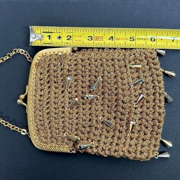 Vintage Gold Small Evening Bag Mesh Crochet with Beads made in Italy - Picture 9 of 11